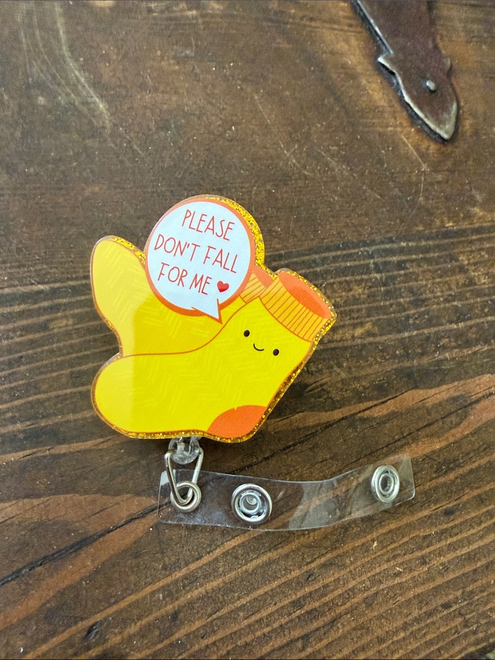 “Please don’t fall for me” resin badge reel